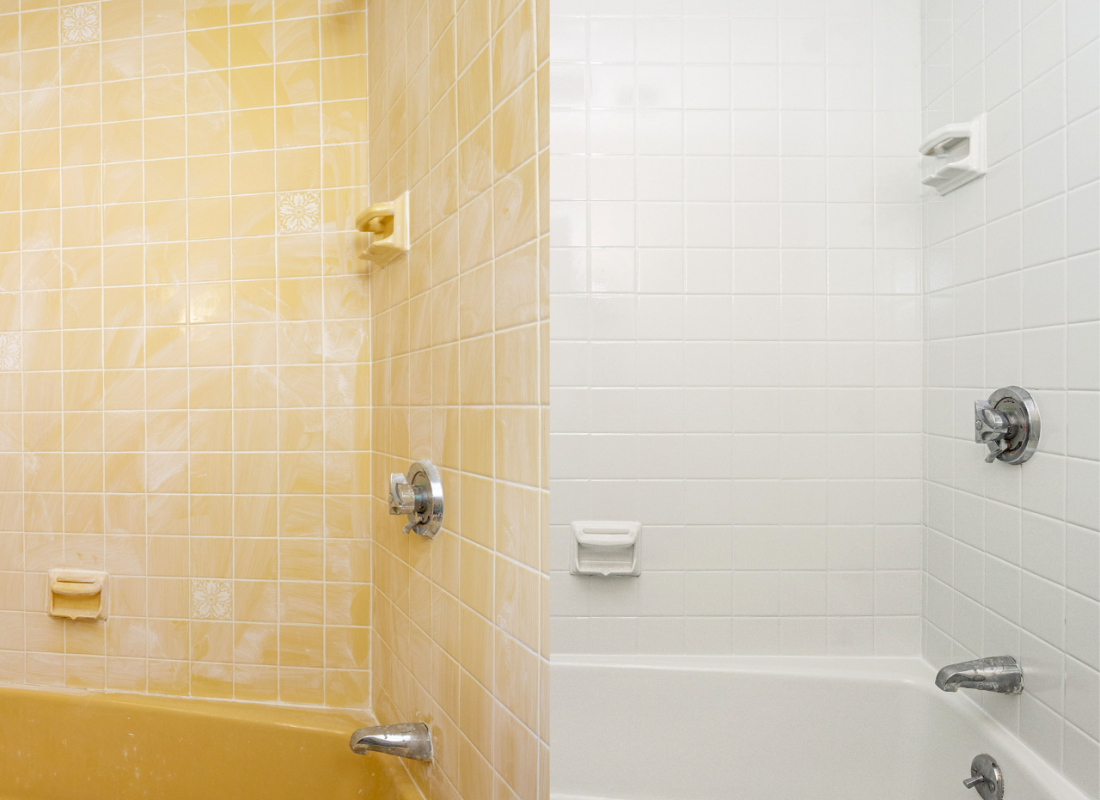 Technician applying finishing touches to a bathtub in a Peabody, MA apartment, using specialized refinishing equipment